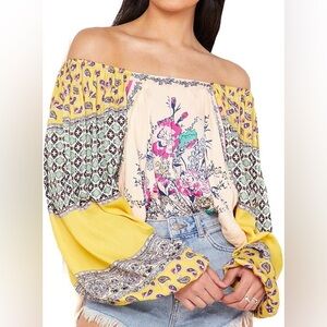 Free People Ivory Positano Printed Blouse Floral Off Shoulder Billowy Yellow Top